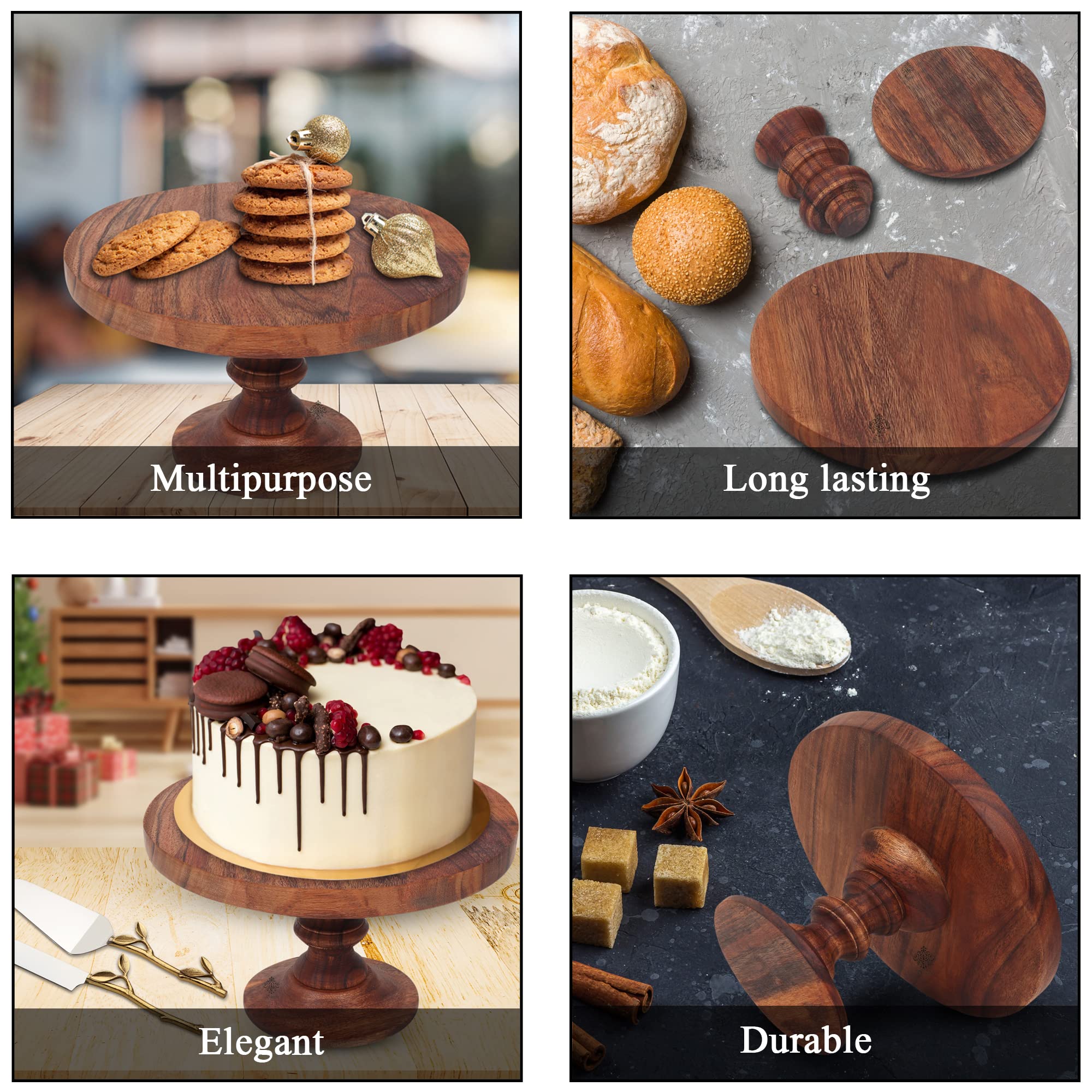 Saaga Round Birch Wooden Cake Stand - 9X5.5 Inch - Pizza Stand, Dessert Platter, Stand For Dining Table - Brown